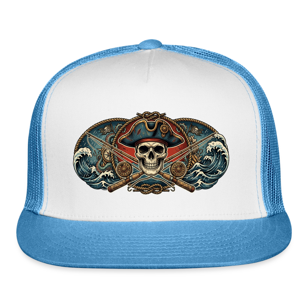 Pirate fish pole crossbones Trucker Hat - white/blue