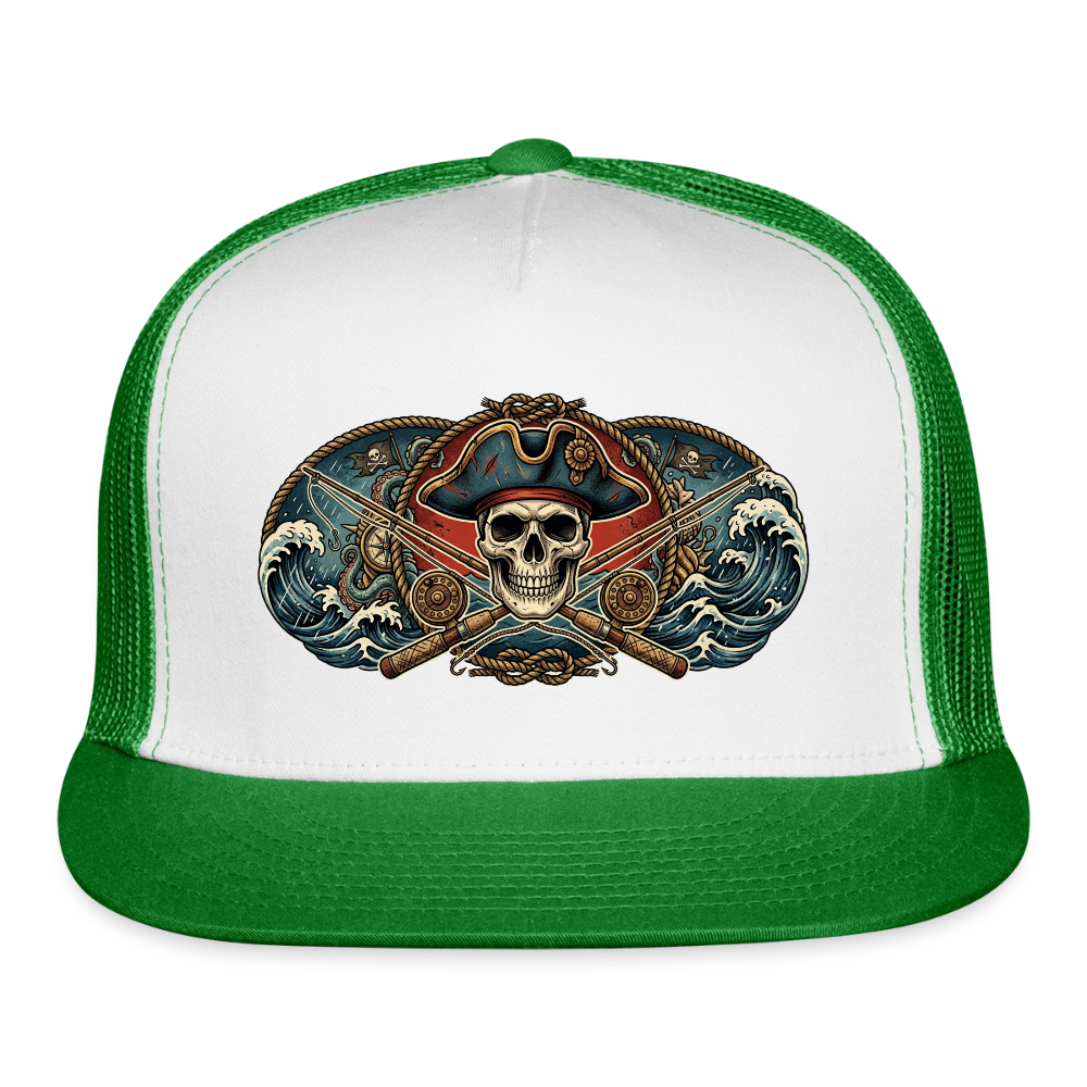 Pirate fish pole crossbones Trucker Hat - white/kelly green