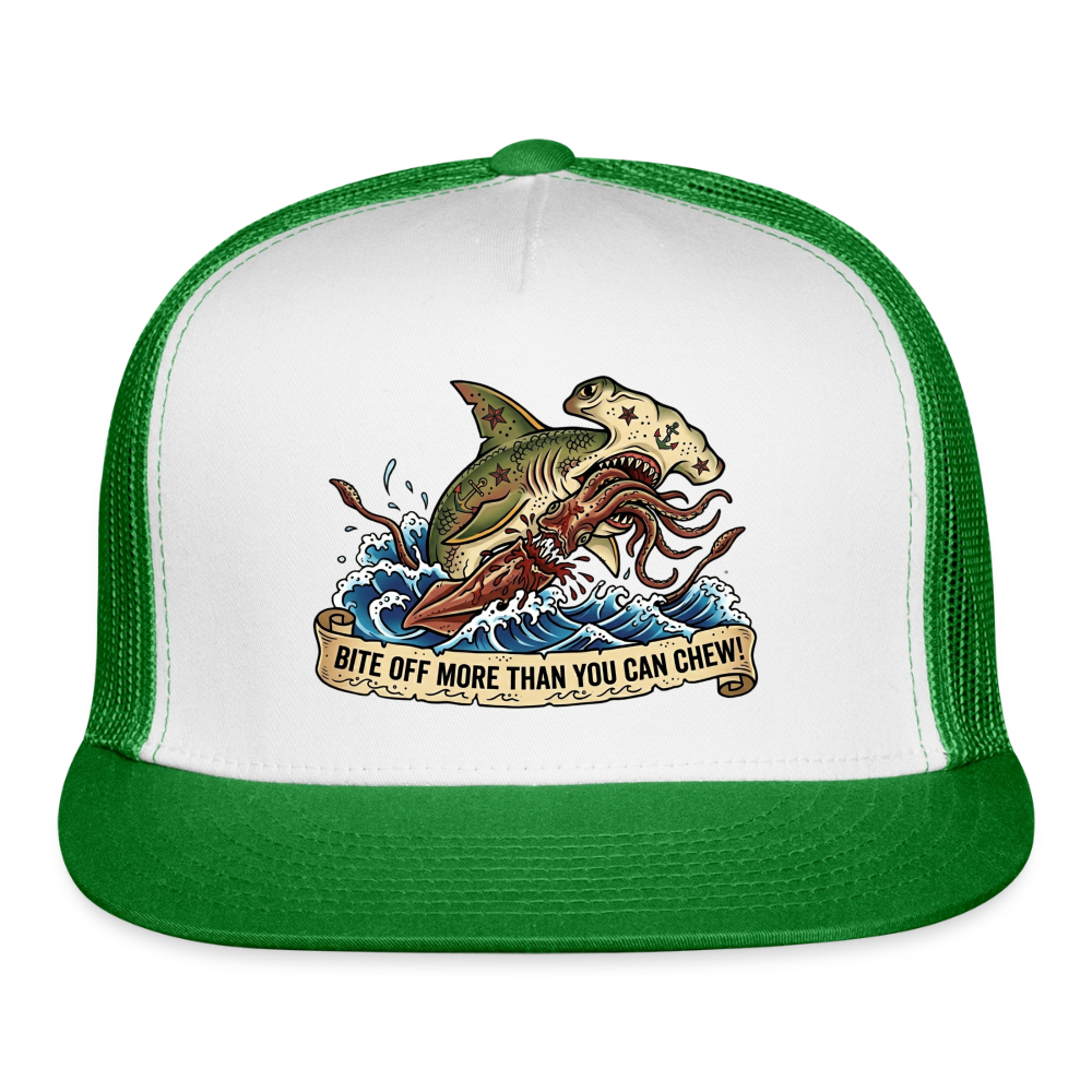 Bite Off More Than You Can Chew Trucker Hat - white/kelly green