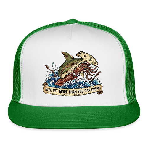 Bite Off More Than You Can Chew Trucker Hat - white/kelly green
