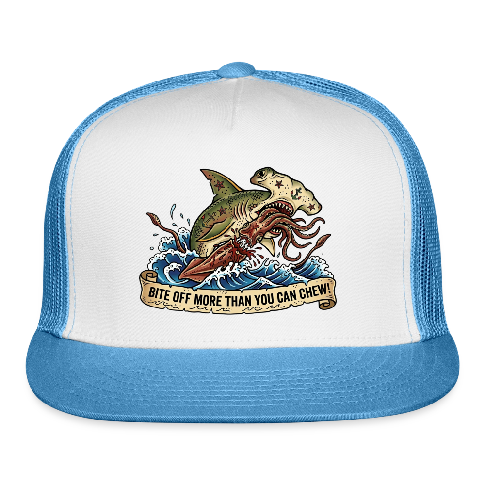 Bite Off More Than You Can Chew Trucker Hat - white/blue